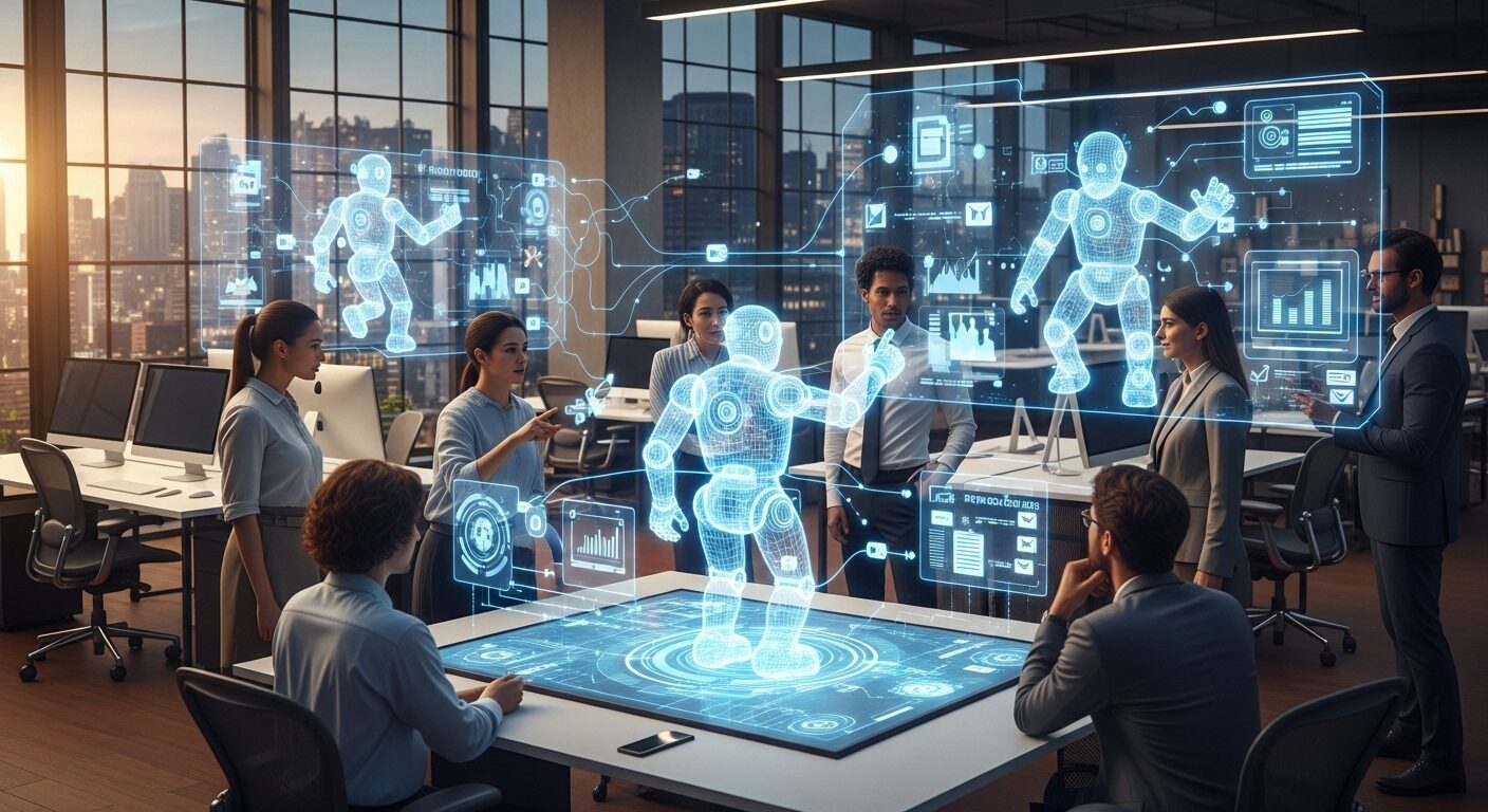 Equipe observando robôs digitais na automação de processos em escritório corporativo.