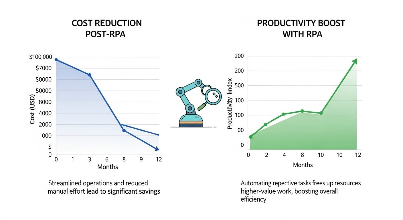 Infográfico mostrando queda nos custos e aumento em produtividade após RPA.