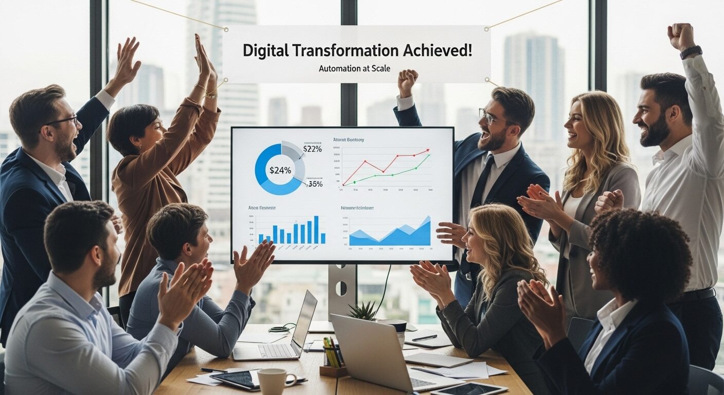 Equipe comemorando resultados de transformação digital com automação.