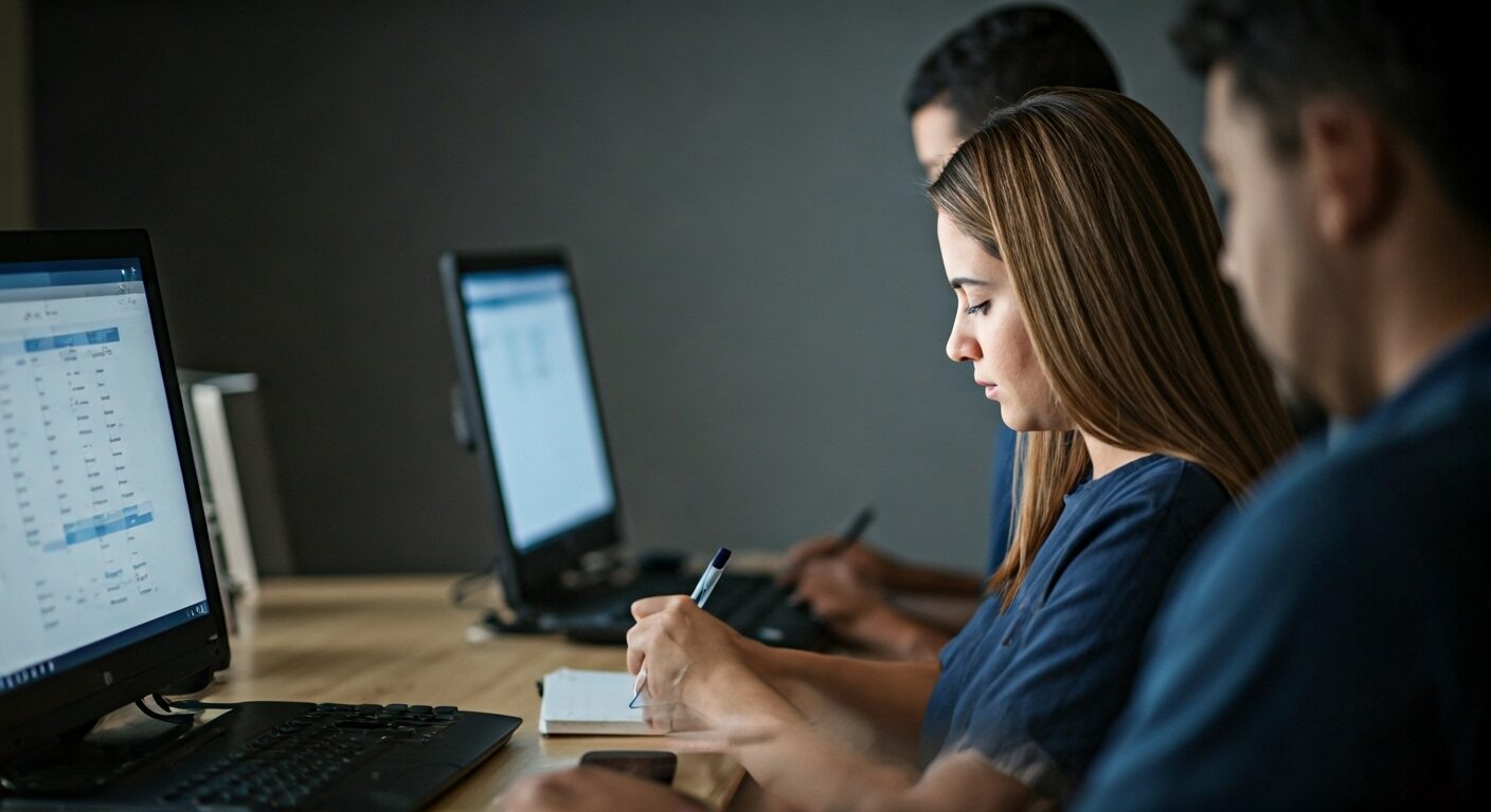 Equipe de contadores em treinamento sobre plataformas digitais de escrituração.
