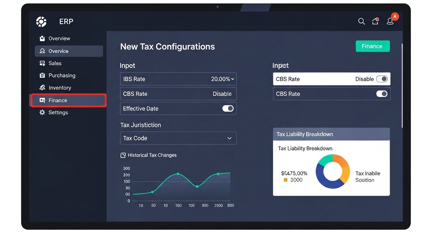 Dashboard de sistema ERP mostrando as novas configurações tributárias e campos de IBS/CBS