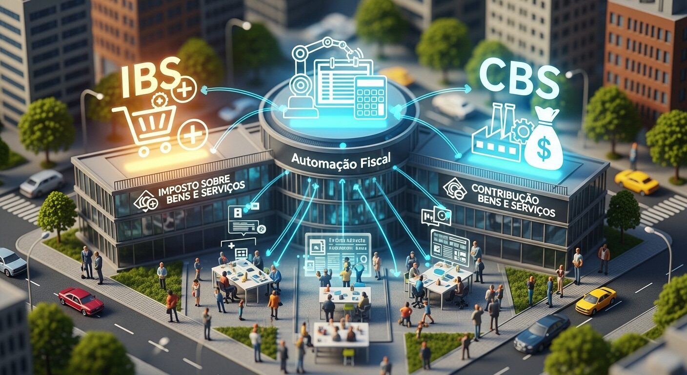 Reforma tributária brasileira com ícones de IBS, CBS e automação fiscal