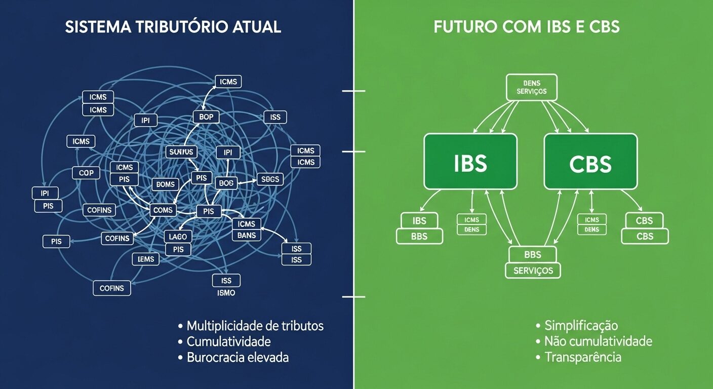 Infográfico comparativo mostrando o sistema tributário atual versus futuro com IBS e CBS