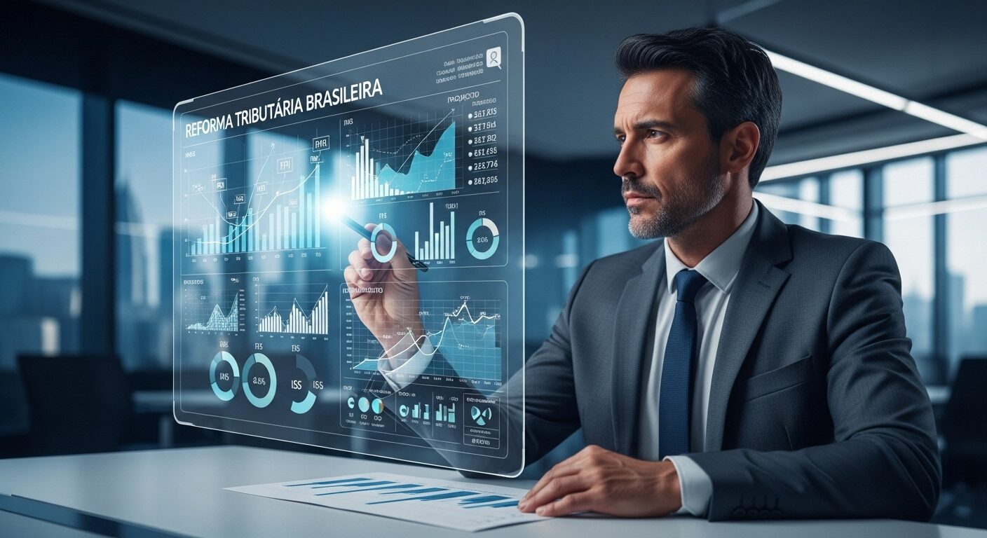 Empresário analisando gráficos de impostos em tela digital, representando a preparação para a reforma tributária brasileira