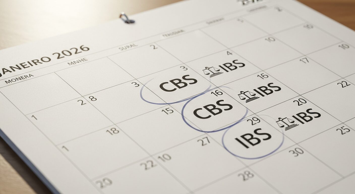 Calendário destacando janeiro de 2026 com símbolos de CBS e IBS, representando o marco da implementação da Reforma Tributária