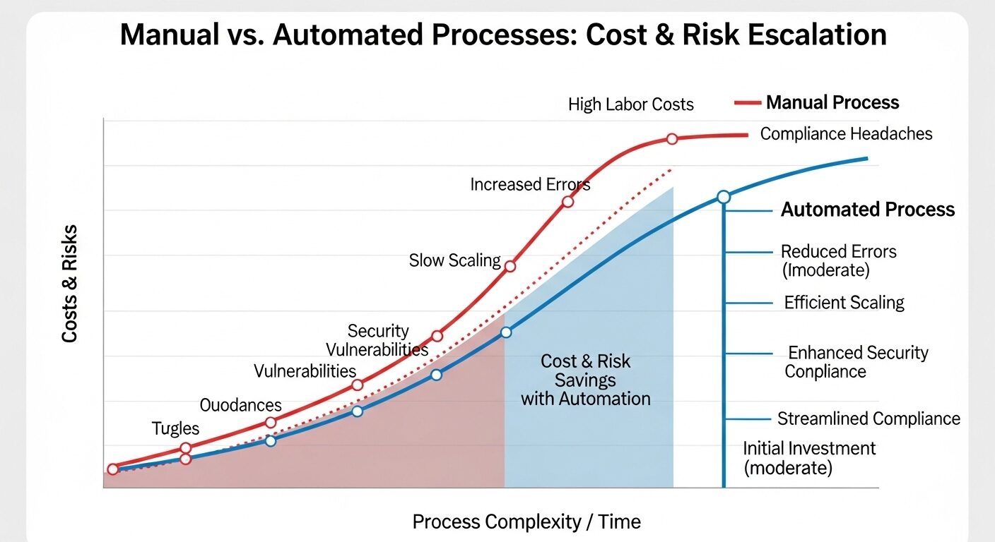 Gráfico mostrando escalada de custos e riscos com processos manuais versus automatizados