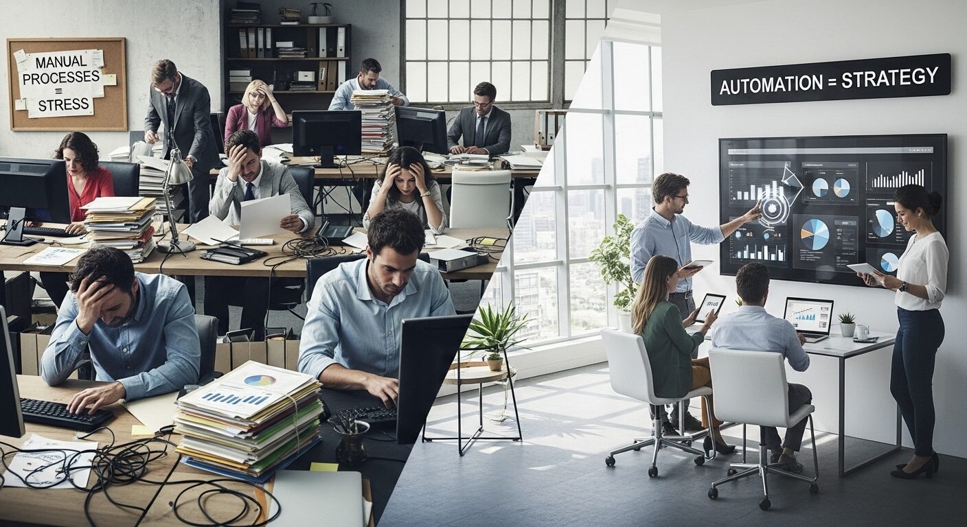 Comparação visual: equipe sobrecarregada com processos manuais vs. equipe estratégica com automação