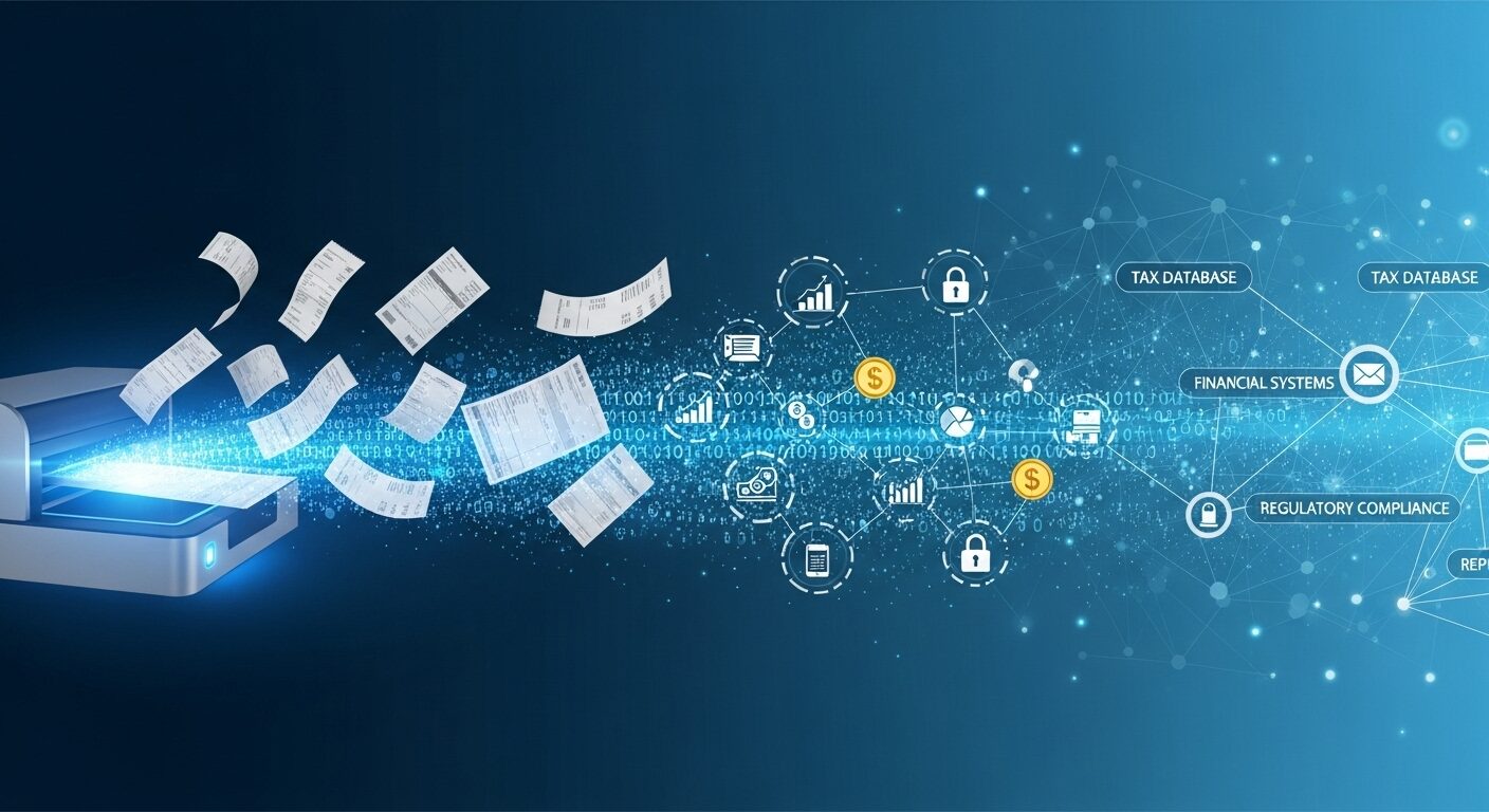 Fluxo horizontal retratando digitalização e integração fiscal.