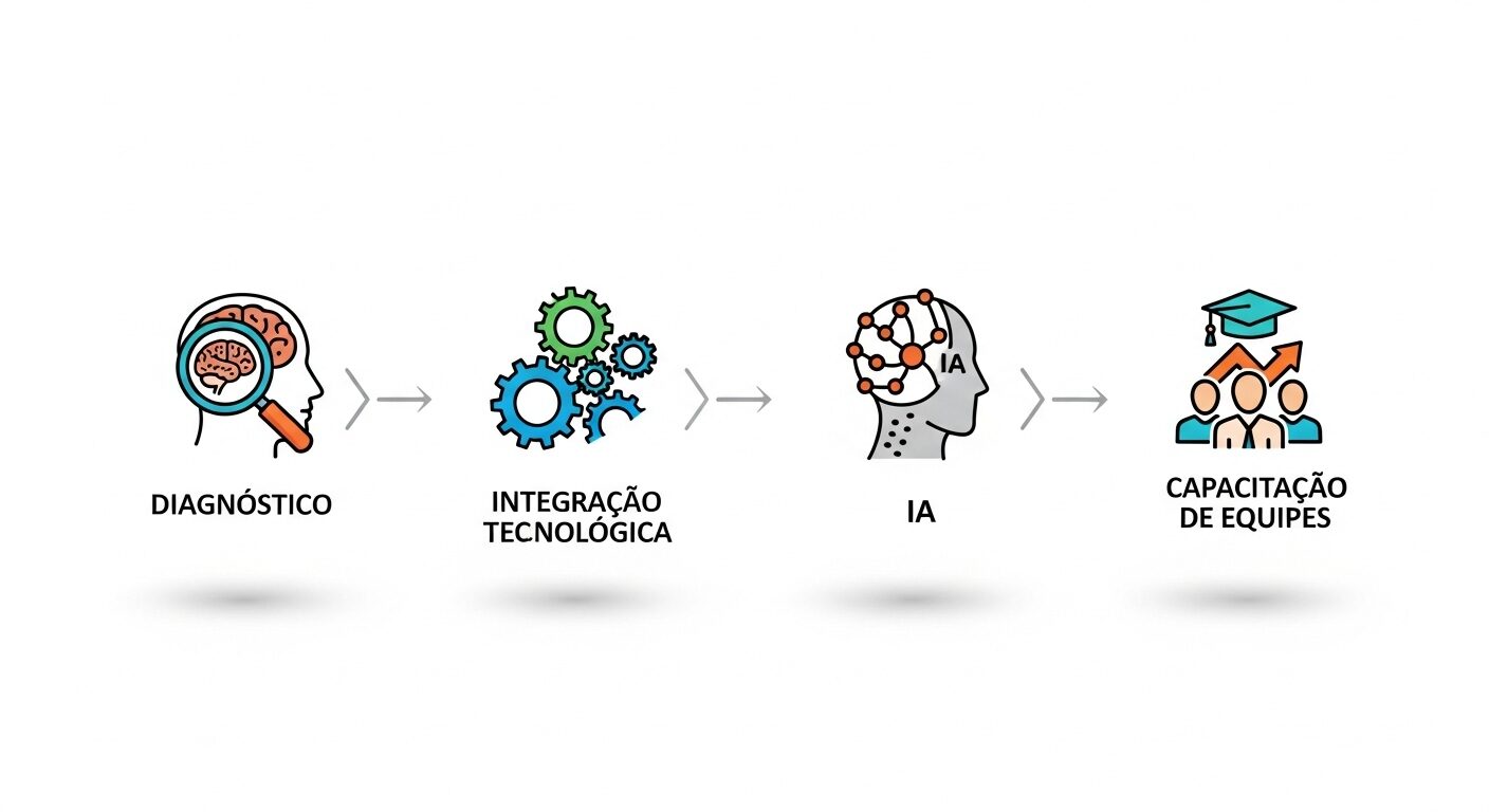 Workflow detalhado com ícones representando diagnóstico, integração tecnológica, IA e capacitação de equipes