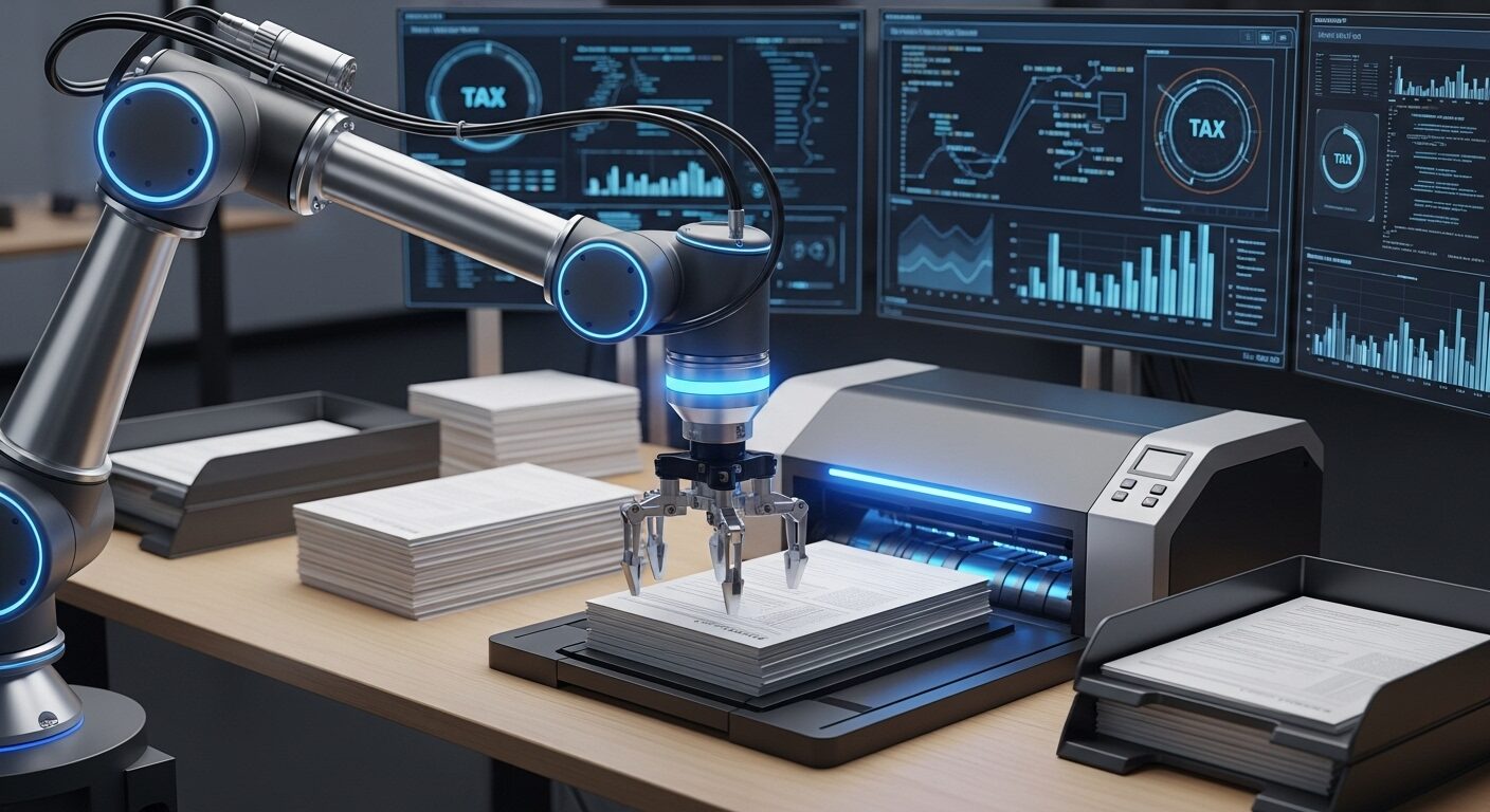 Robô ou sistema automatizado processando documentos fiscais com velocidade e precisão