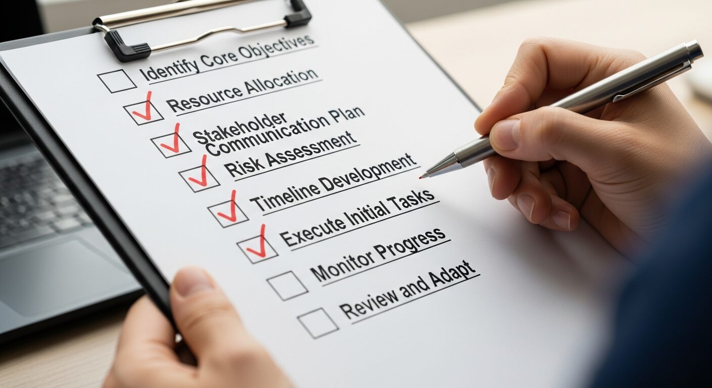 Lista de checklist visual com itens sendo marcados, representando preparação sistemática