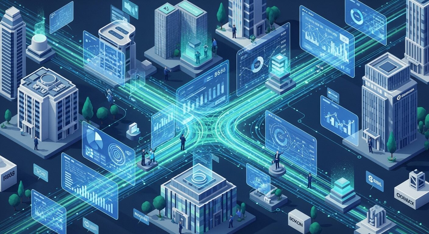Ilustração de empresas diante de fluxos tributários digitais e gráficos
