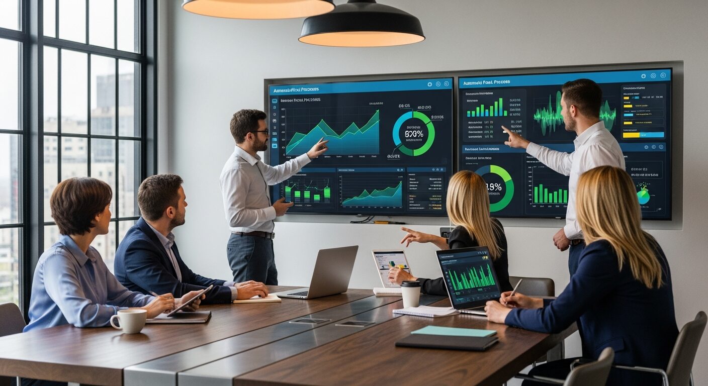 Professional team collaborating in a modern office environment with digital dashboards showing automated fiscal processes and positive business metrics