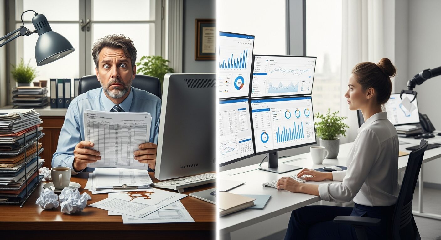 Split-screen image showing a stressed accountant surrounded by paperwork on one side, and a calm professional working with automated systems on the other