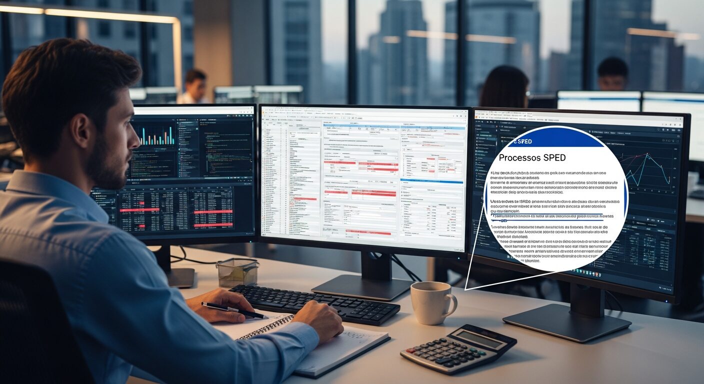 Professional accountant working with multiple screens showing fiscal data, highlighting the complexity of manual SPED processes