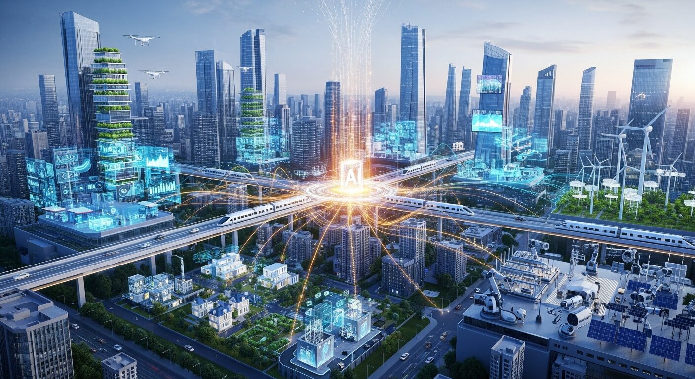 Visão futurística de diferentes setores conectados por automações inteligentes e personalizadas, simbolizando a transformação digital abrangente