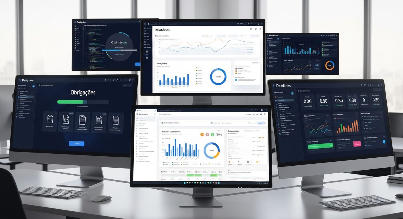 Escritório contábil moderno com múltiplas telas mostrando automações fiscais em execução: obrigações sendo processadas, relatórios sendo gerados, deadlines sendo monitorados automaticamente