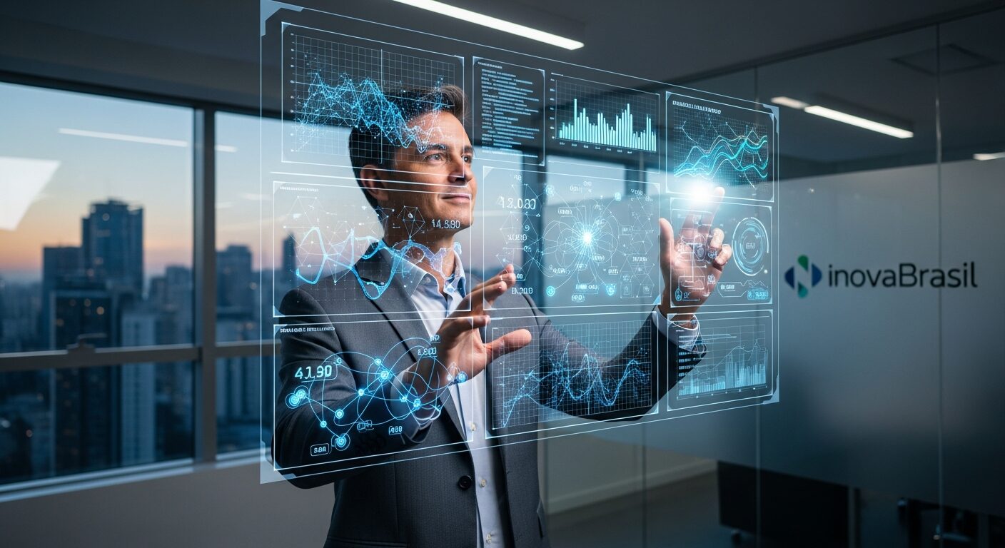 Empresário brasileiro interagindo com interface digital holográfica mostrando gráficos de automação e IA, representando a transformação digital no país