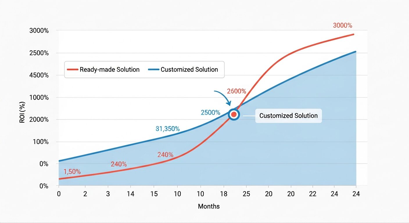 Gráfico comparativo mostrando curvas de ROI: solução pronta vs. customizada ao longo de 24 meses, com ponto de intersecção evidenciando retorno superior da customização