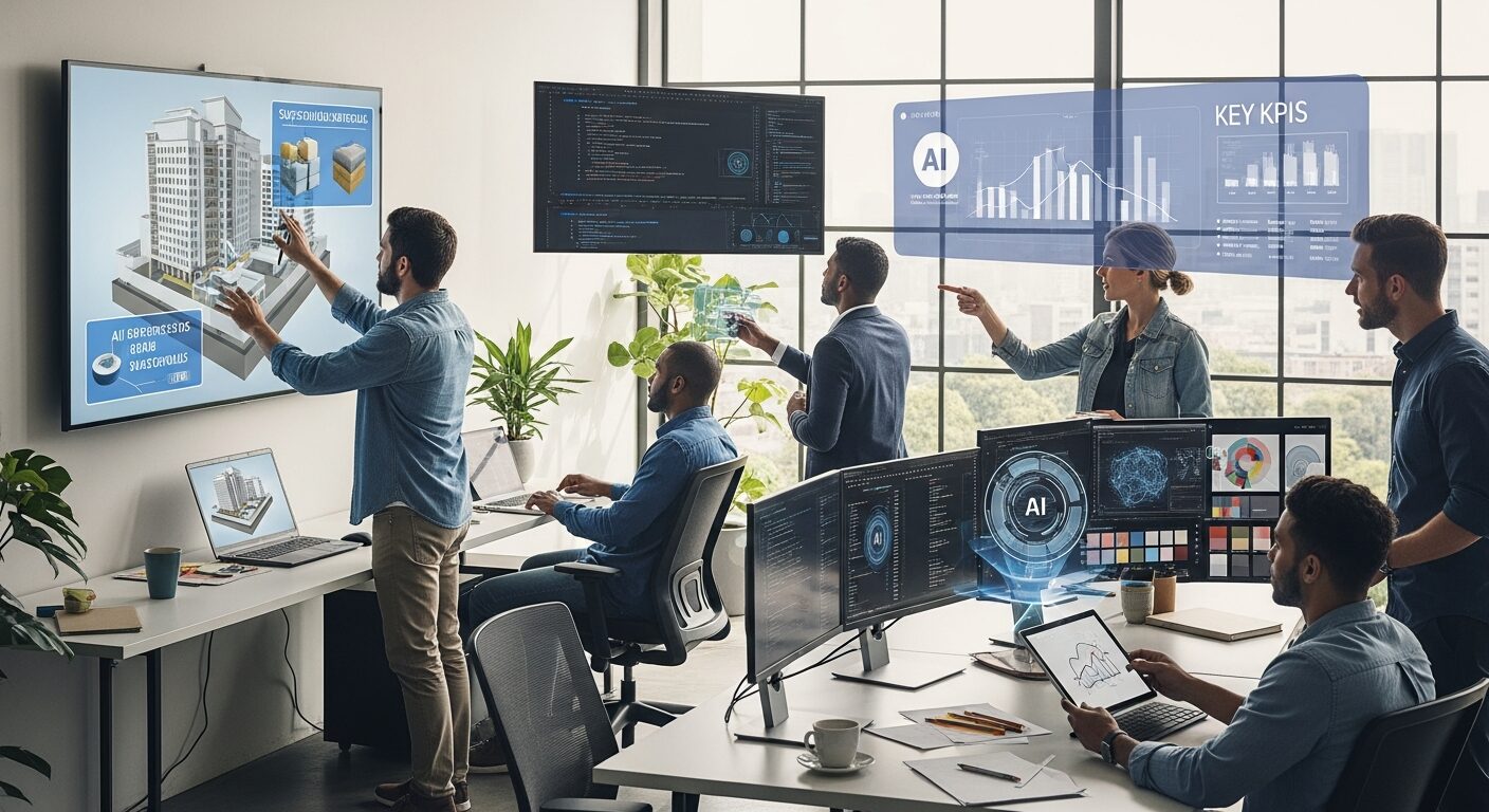 Profissionais diversos trabalhando colaborativamente com tecnologias de IA em ambiente moderno, representando o futuro do trabalho humanizado e tecnológico