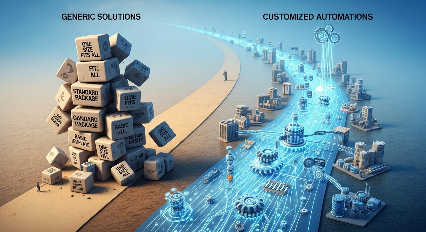 Dois caminhos divergindo: um com soluções genéricas empilhadas, outro com automações customizadas fluindo perfeitamente em processos empresariais