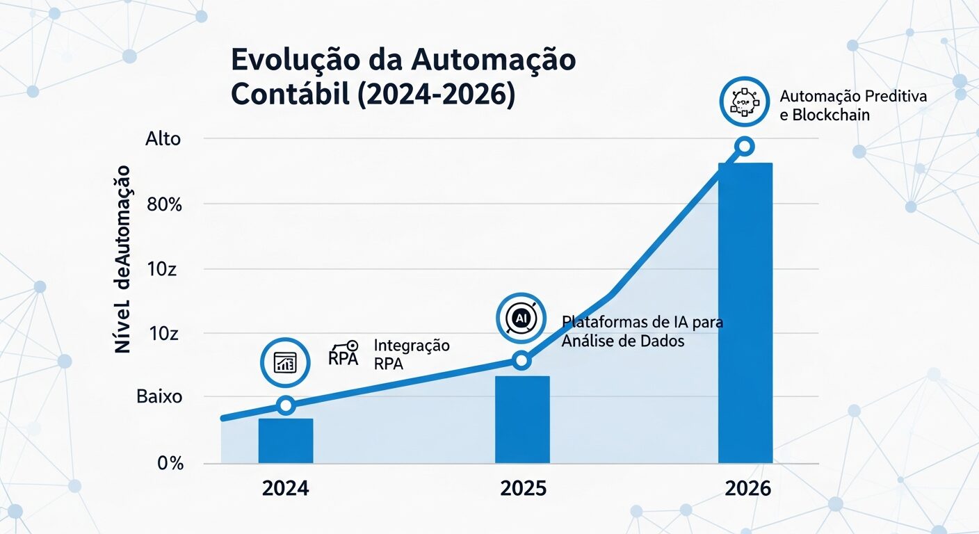 Gráfico ascendente mostrando a evolução da automação contábil de 2024 a 2026, com marcos tecnológicos destacados