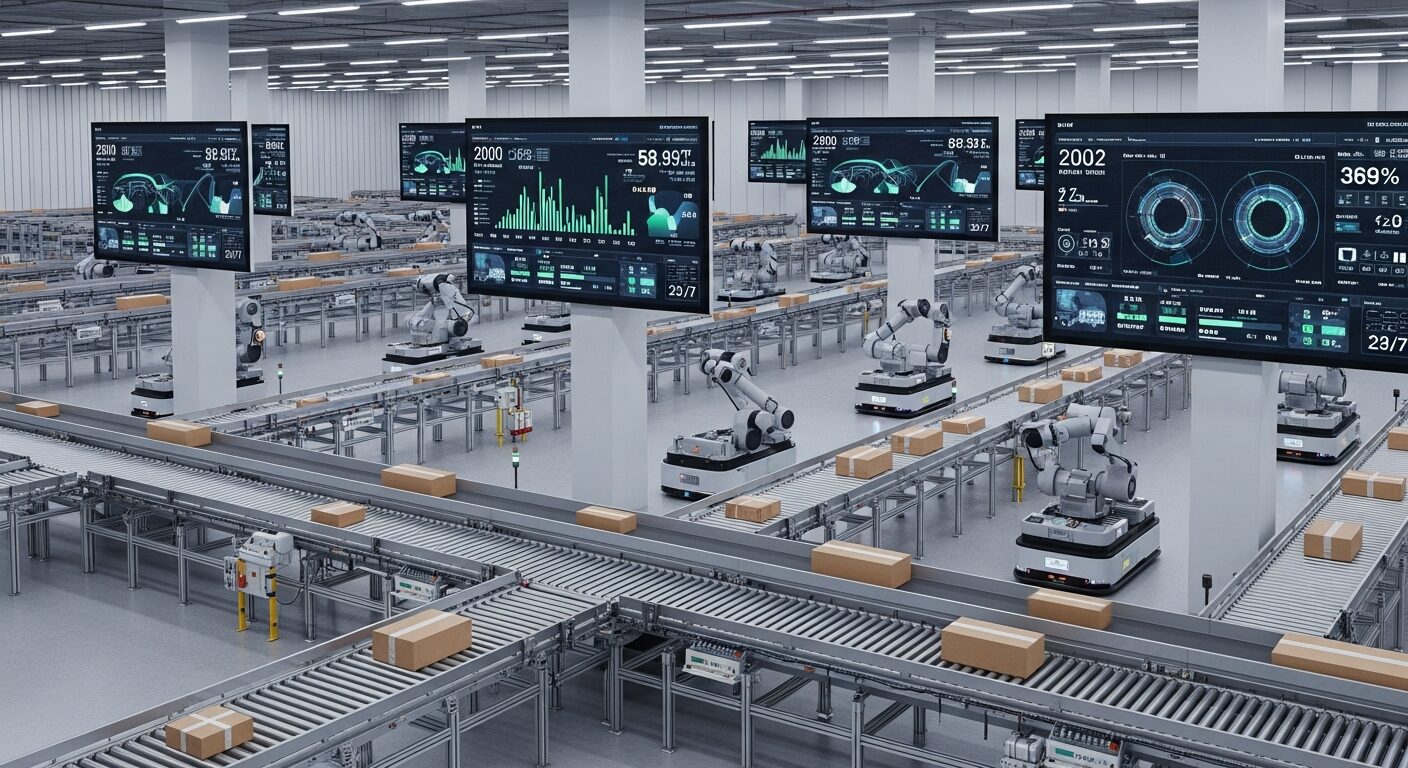 Armazém moderno totalmente automatizado com robôs, esteiras inteligentes e sistemas de gestão digital, mostrando operação eficiente 24/7