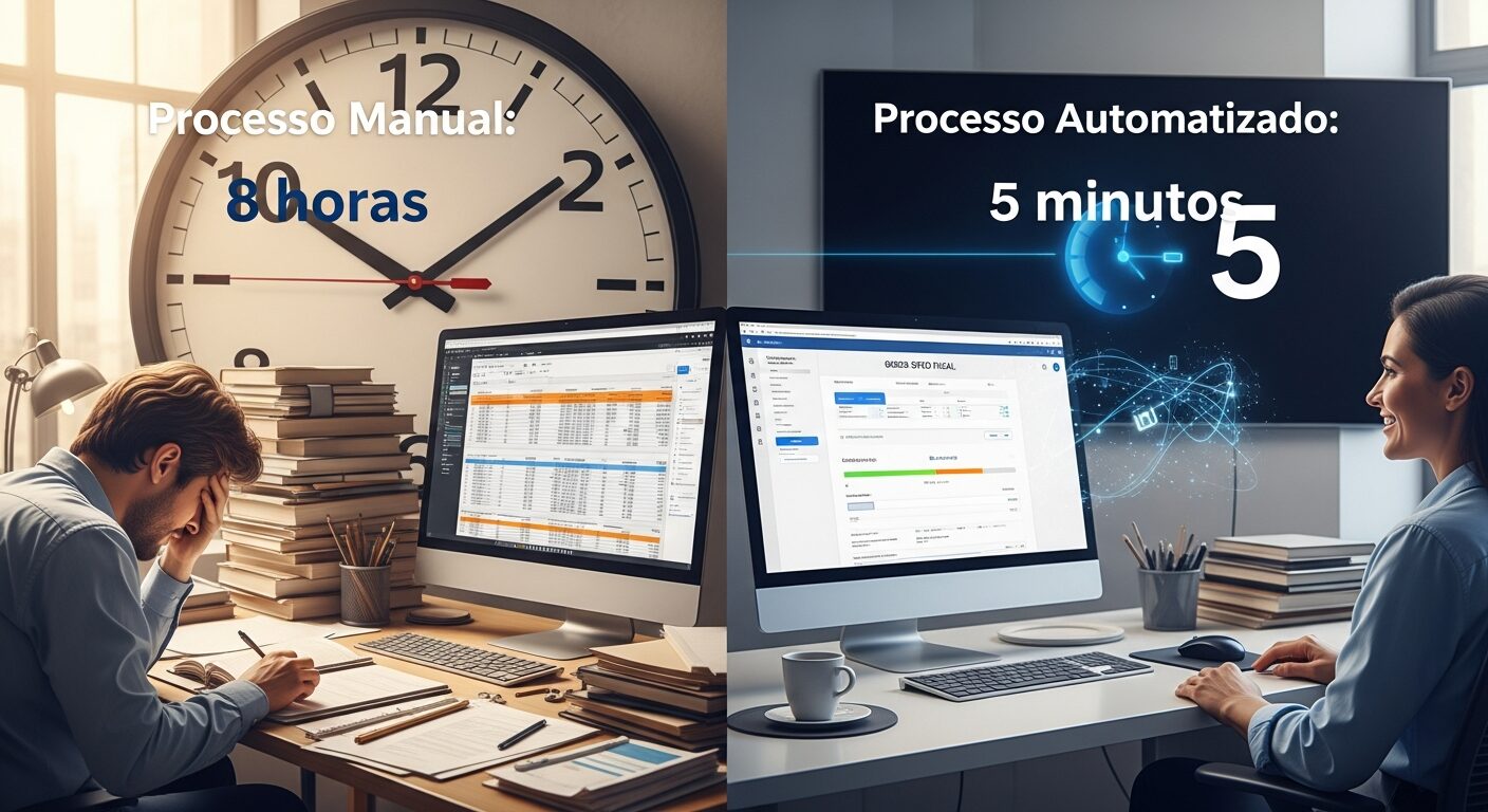 Comparativo visual entre processo manual vs. automatizado para geração de SPED Fiscal, mostrando redução de tempo de horas para minutos