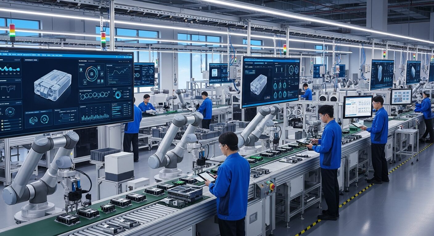 Linha de produção moderna totalmente integrada com robôs colaborativos, sistemas IoT e painéis de controle digital, mostrando a harmonia entre tecnologia e trabalhadores