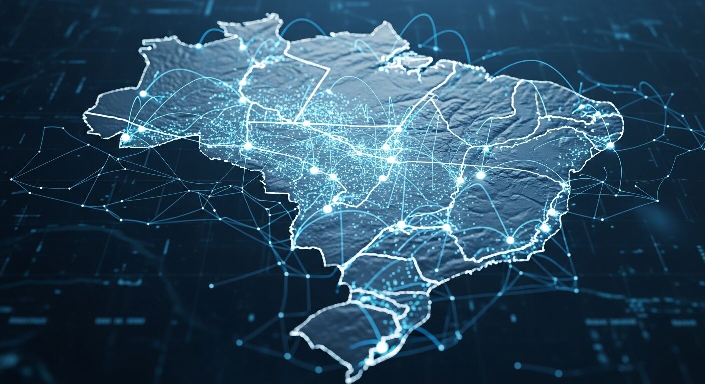 Mapa do Brasil com pontos luminosos conectados representando a rede de automação e IoT espalhada pelo território nacional