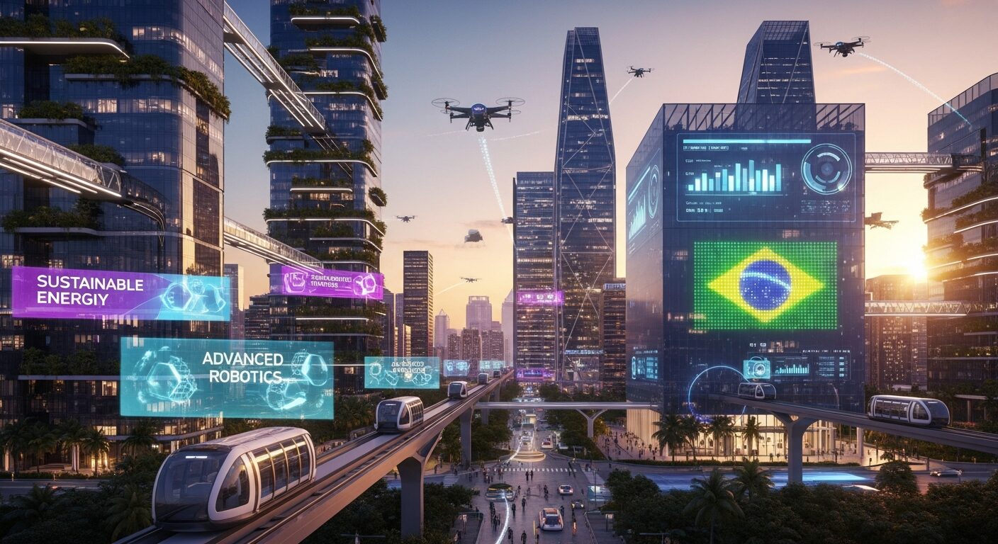 Skyline futurístico do Brasil com elementos de automação integrados harmoniosamente na paisagem urbana, simbolizando progresso e inovação tecnológica