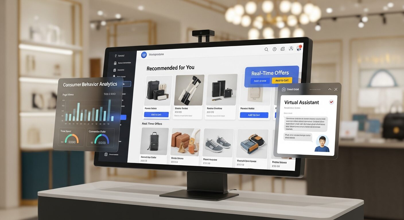 Interface de varejo digital mostrando personalização em tempo real, com recomendações inteligentes, chatbot ativo e análise de comportamento do consumidor
