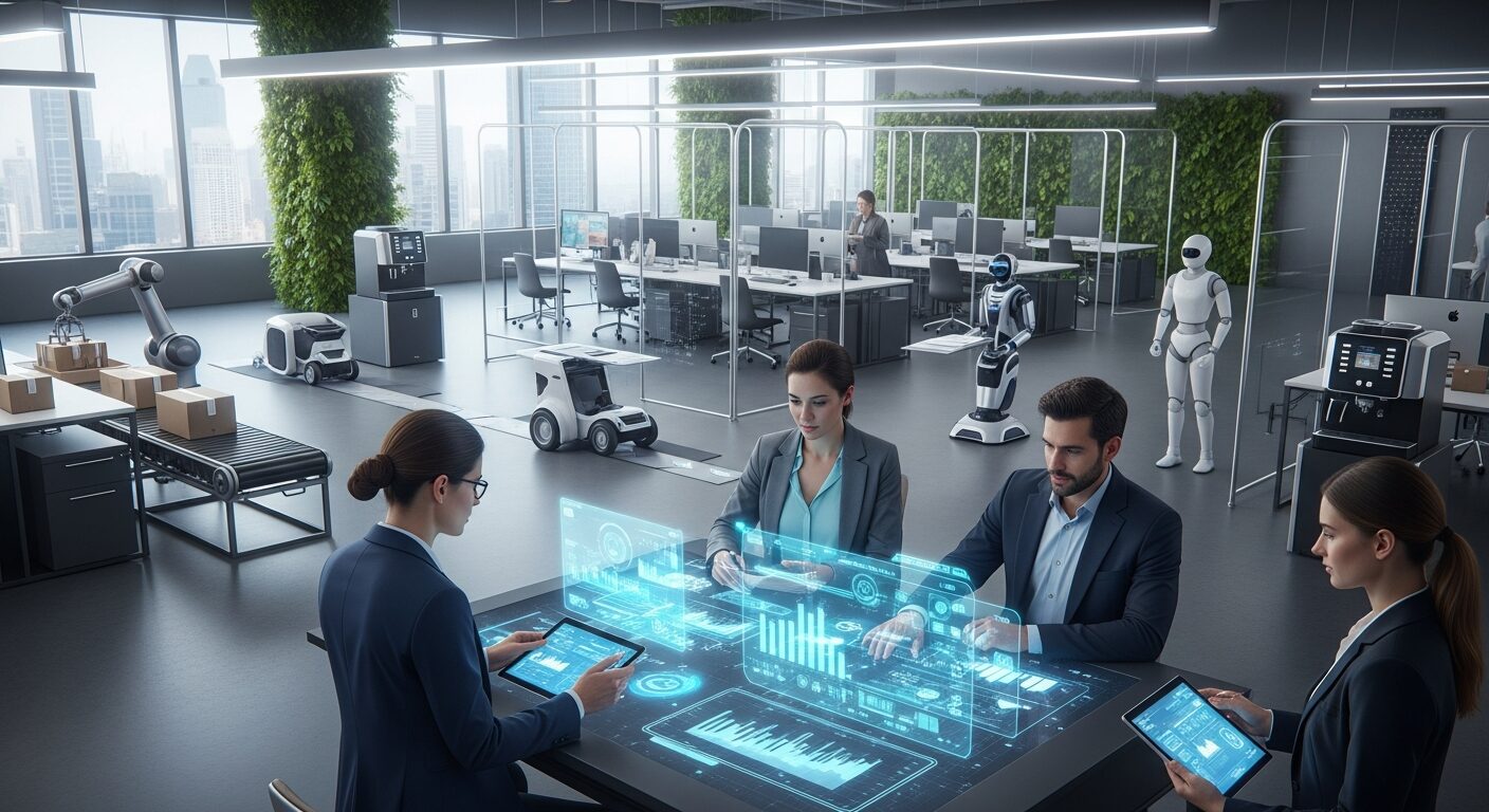 Escritório do futuro com profissionais focados em análise estratégica enquanto robôs executam tarefas repetitivas ao fundo