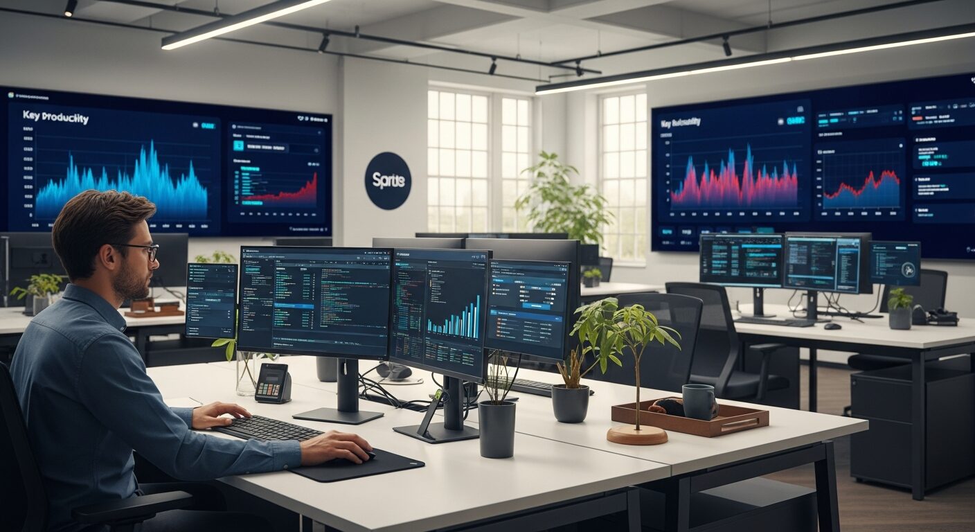 Profissional contábil trabalhando com automação fiscal em escritório moderno, com gráficos de produtividade ao fundo