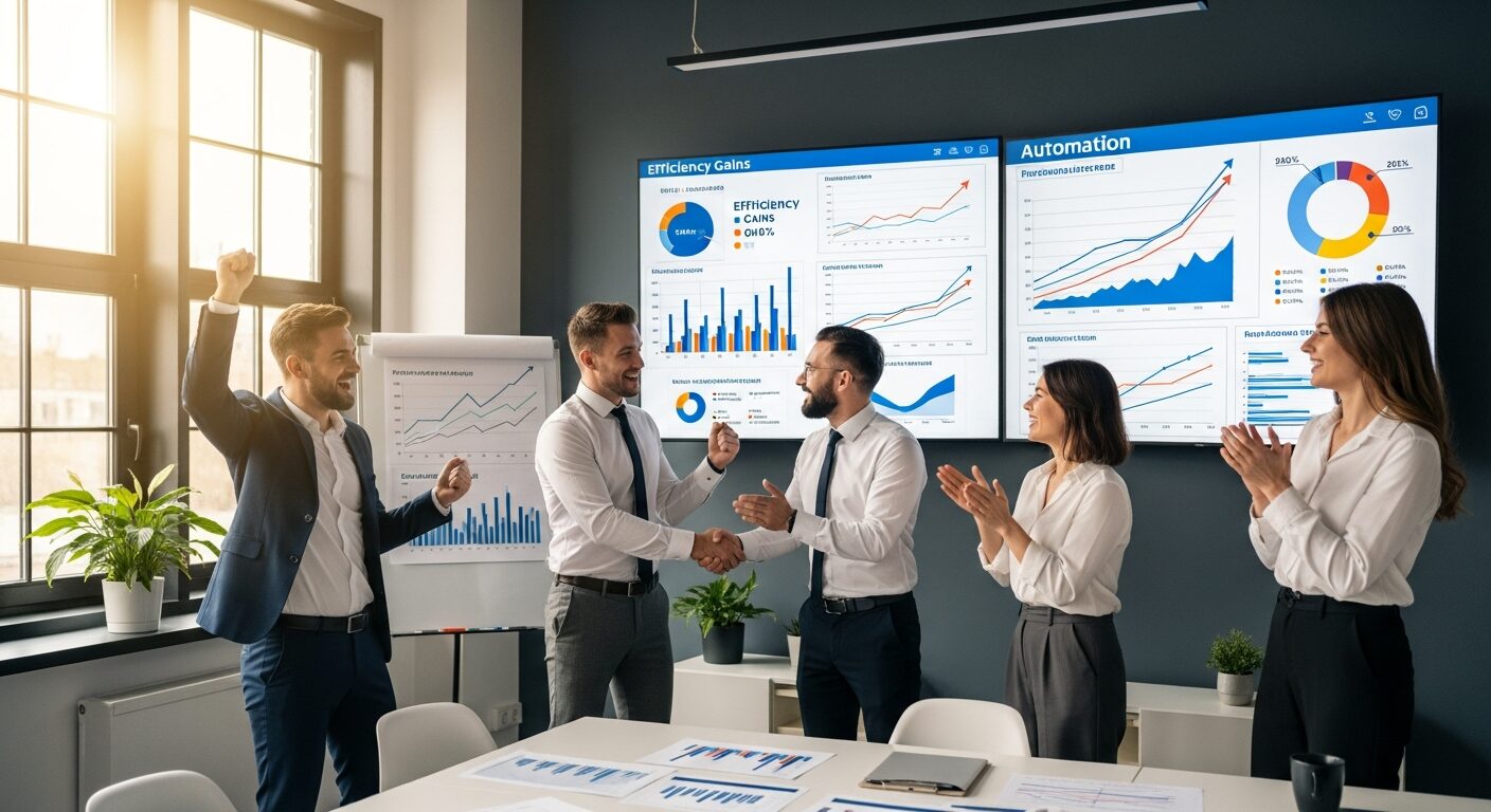 Equipe celebrando resultados com gráficos de sucesso