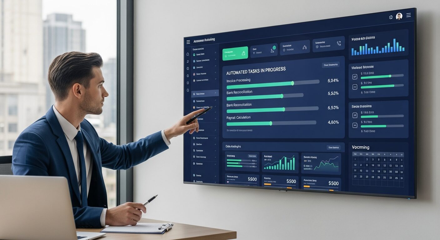 Profissional contábil trabalhando ao lado de um dashboard digital mostrando tarefas sendo executadas automaticamente