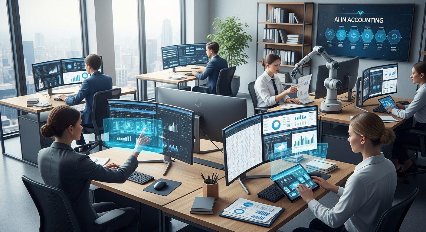 Escritório de contabilidade moderno com profissionais utilizando tecnologia, demonstrando a integração entre pessoas e automação