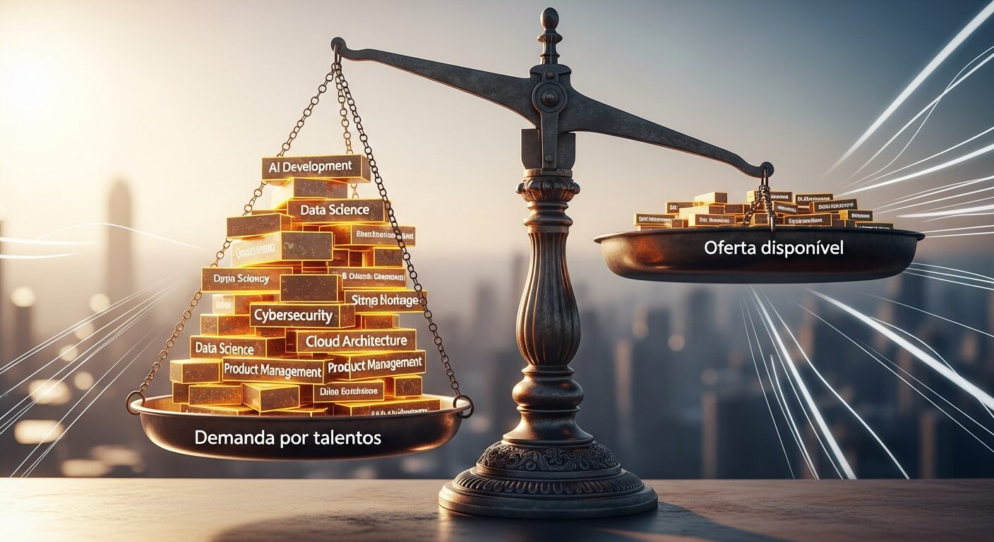 Balança desequilibrada mostrando de um lado "demanda por talentos" pesando mais que "oferta disponível"