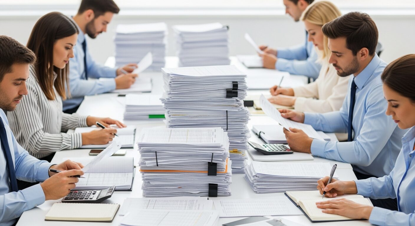 Profissionais contábeis trabalhando com dashboards automatizados em ambiente moderno