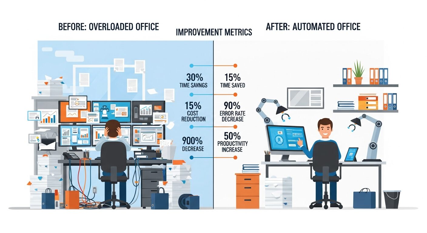 Infográfico mostrando antes e depois: escritório sobrecarregado vs escritório com automação, destacando métricas de melhoria