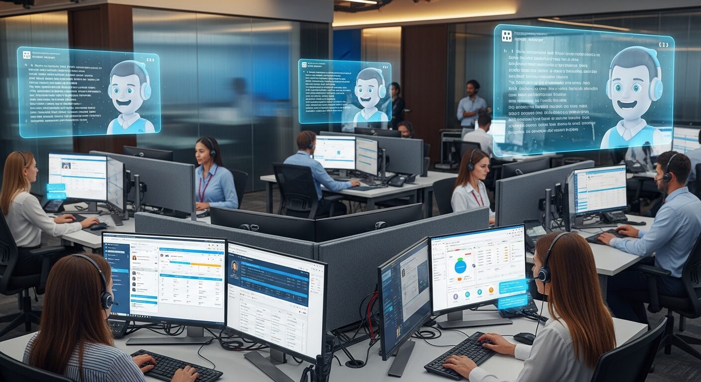 Central de atendimento moderna com agentes usando sistemas de CRM automatizado e assistentes virtuais trabalhando em paralelo