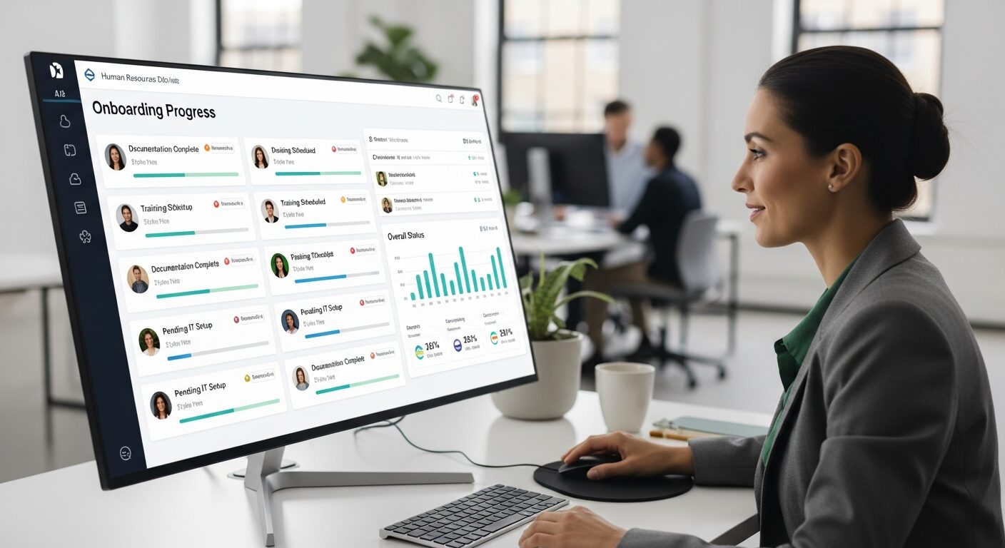 Profissional de RH utilizando painel automatizado para acompanhar processo de integração de múltiplos novos funcionários