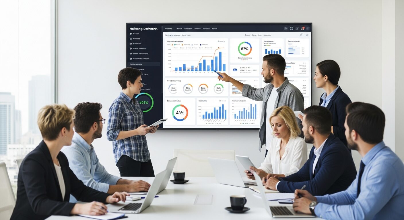 Equipe de marketing analisando painéis automatizados mostrando performance de campanhas multicanal em tempo real