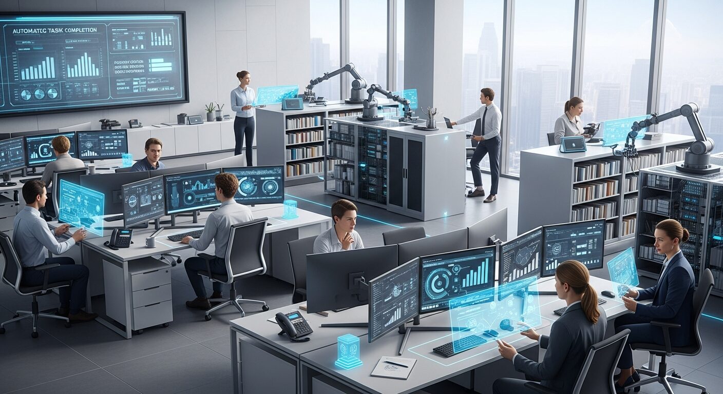 Escritório contábil do futuro: profissionais focados em análise estratégica enquanto sistemas automatizados cuidam de tarefas operacionais