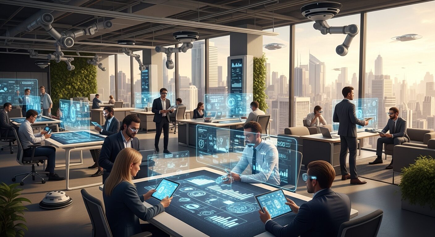Visão futurística de escritório totalmente automatizado com profissionais focados em atividades estratégicas