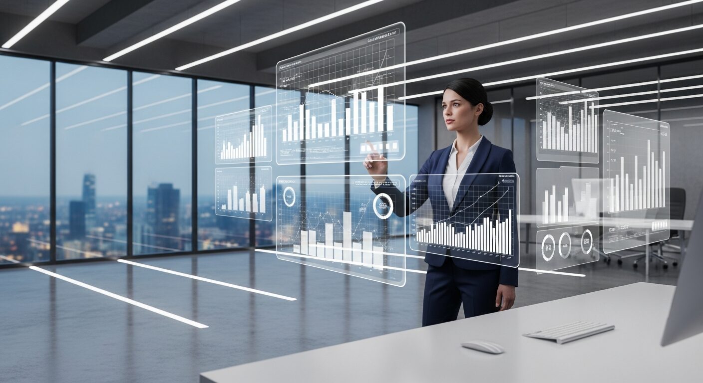 Empresária analisando gráficos de produtividade em escritório moderno com elementos tecnológicos