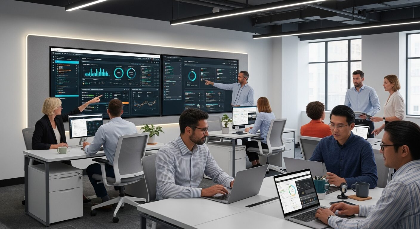 Escritório contábil moderno com tecnologia integrada, mostrando profissionais trabalhando estrategicamente com dashboards digitais