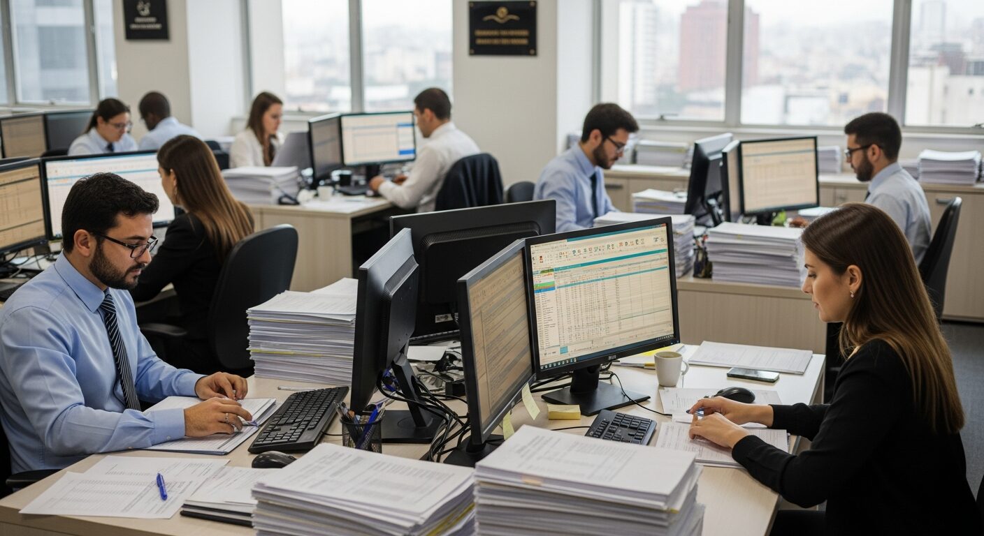 Profissionais contábeis trabalhando com documentos e computadores em um escritório moderno, mostrando a rotina intensa da área fiscal