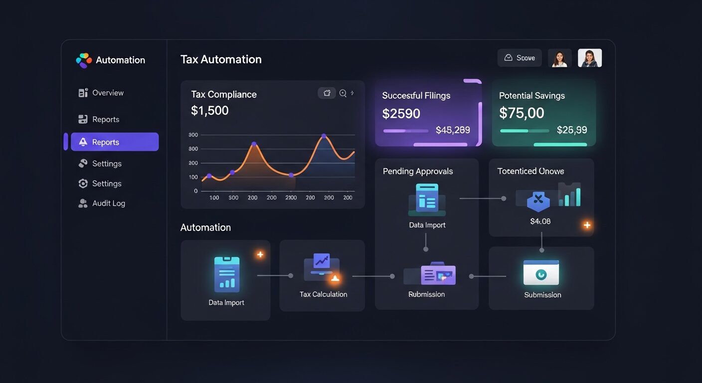 Interface moderna de software de automação fiscal mostrando dashboards intuitivos e processos automatizados em funcionamento