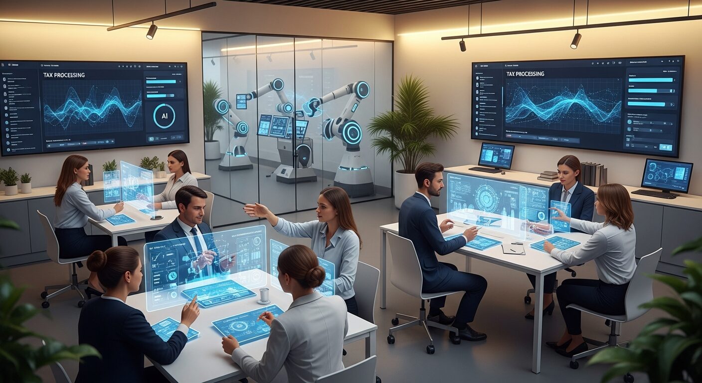 Escritório contábil do futuro: profissionais focados em análise estratégica enquanto sistemas automatizados processam tarefas fiscais em segundo plano